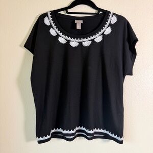 Chico’s Black Embroidered Scoop Neck Top, Size Small